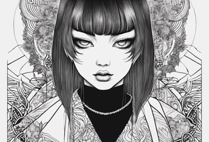 Une image style tattoo du personnage Tomie de Junji ito avec des détails lié a son univers sur les cotés comme des spira tattoo idea