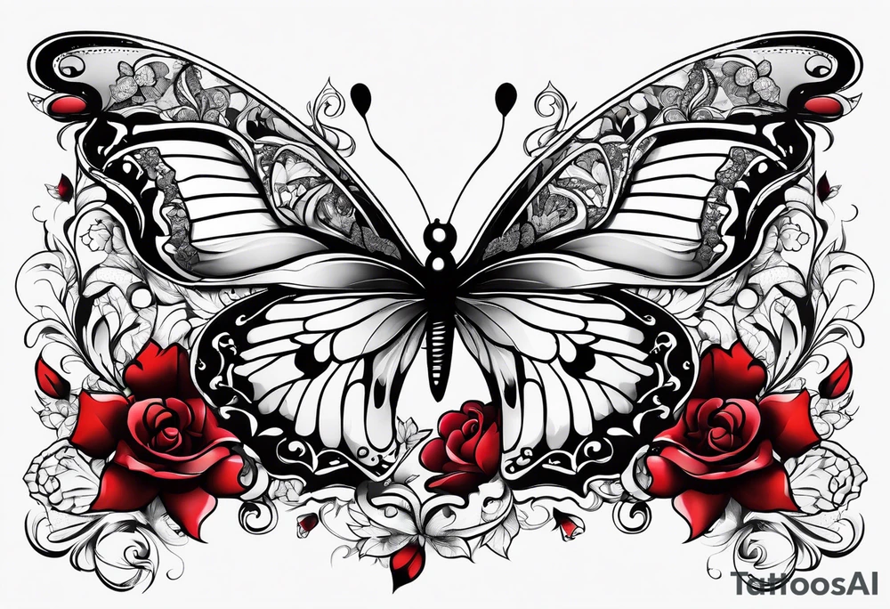 Flowers with "Ruby" in calligraphy font and butterflies around it tattoo idea