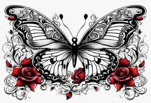 Flowers with "Ruby" in calligraphy font and butterflies around it tattoo idea