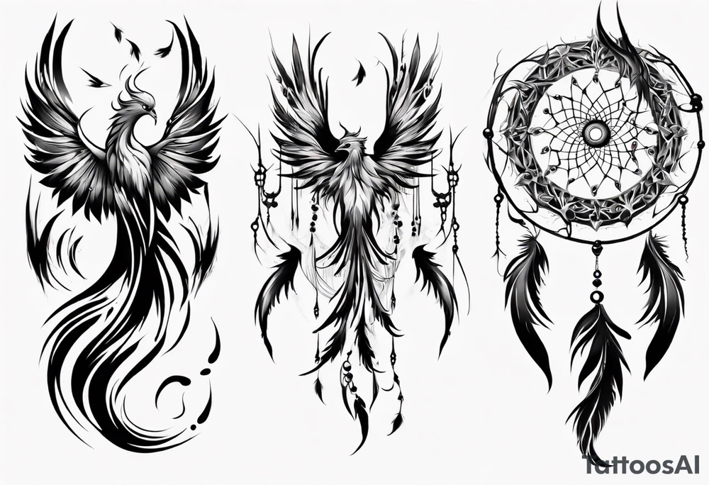 Vertical Phoenix with abstract dream catcher tail tattoo idea Vertical Phoenix with abstract dream catcher tail tattoo idea