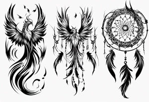 Vertical Phoenix with abstract dream catcher tail tattoo idea
