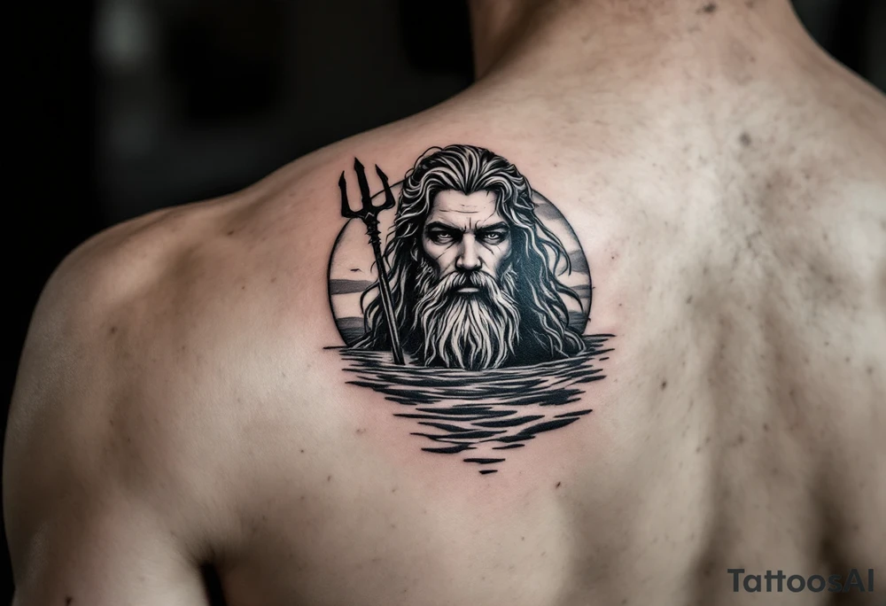 Poseidon half way under calm water with trident at sunset tattoo idea