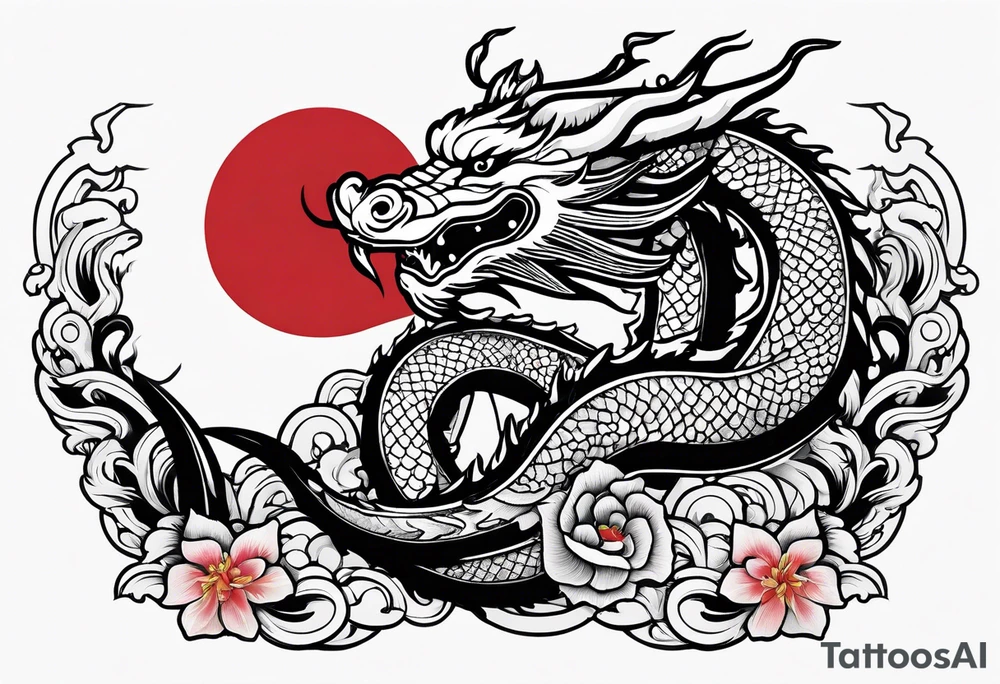 Asian dragon wrapping around an anchor centered on the Korean flag tattoo idea