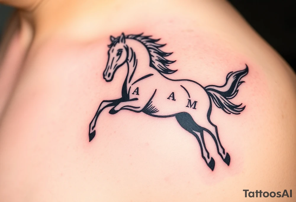 horse silhouette from the front which gallops from the front, with the 3 small letters discreetly integrated: L, A, M tattoo idea