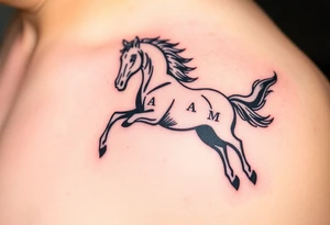 horse silhouette from the front which gallops from the front, with the 3 small letters discreetly integrated: L, A, M tattoo idea