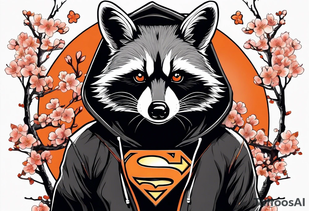 Raccoon wearing a white Superman logo on a black hoodie and orange Japanese cherry blossoms tattoo idea