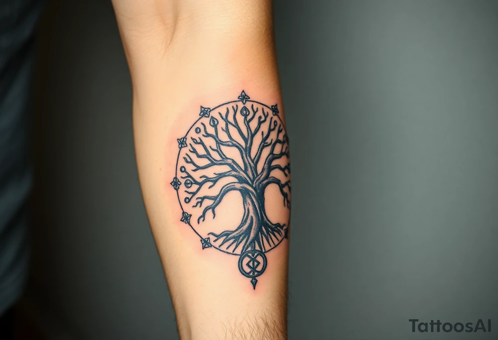 The Tree of Life surrounded by norse symbology, color infused tattoo idea