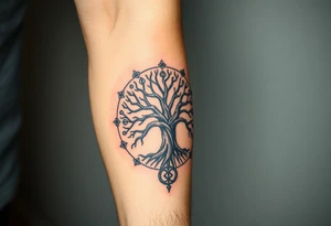 The Tree of Life surrounded by norse symbology, color infused tattoo idea