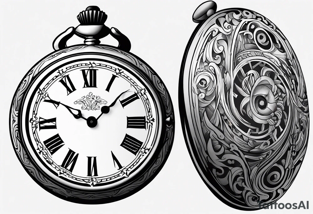 Pocket watch with the time 5:25 on. Underneath a scroll with 04/09/2014 tattoo idea