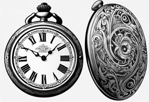 Pocket watch with the time 5:25 on. Underneath a scroll with 04/09/2014 tattoo idea