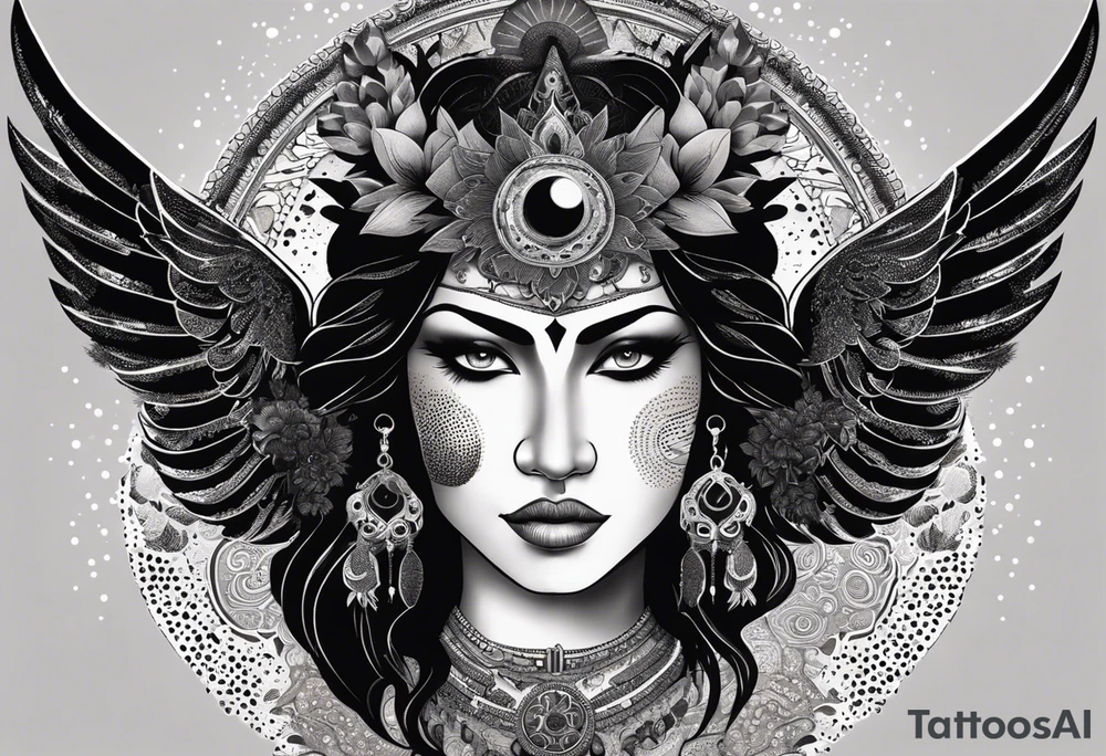 black kali, goddess pirate, alien, angel, pachamama, valkrye, warrior, flying, skull, lotus azul, wing, eagle, zenza resonance, stars, 5D, anahata chakra, death, durga, riding on a tiger, flying lady, kundalini, chest tatoo, samuri, rebel,serpent tattoo idea