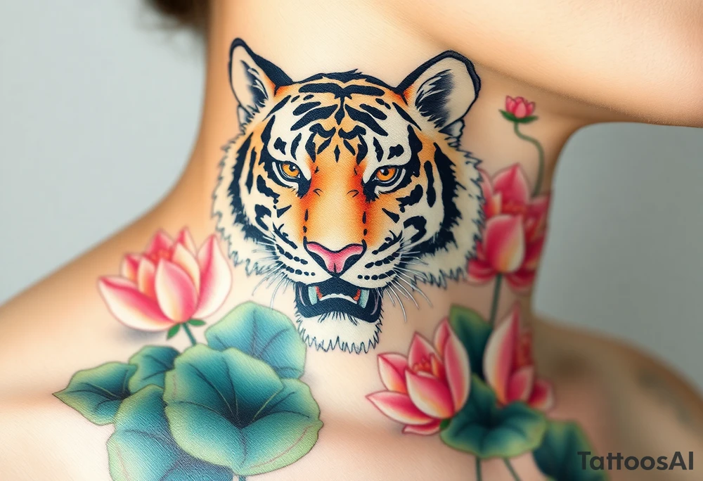 fierce tiger emerging through blooming lotus flowers in mist tattoo idea