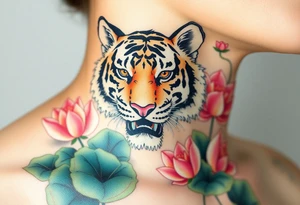fierce tiger emerging through blooming lotus flowers in mist tattoo idea