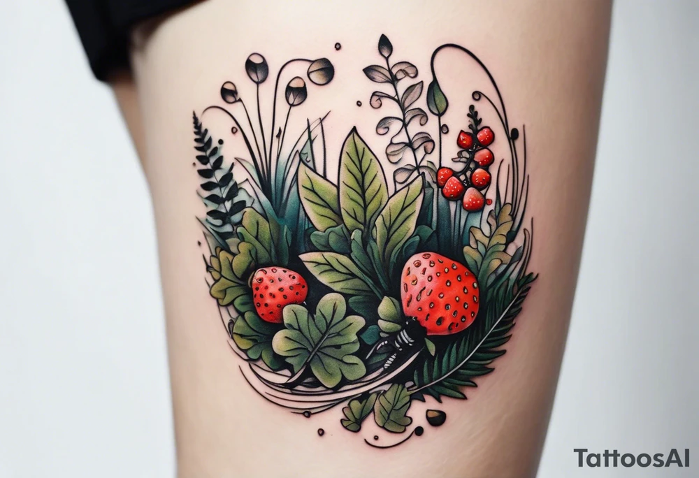forest floor inspired minimalist tattoo, which includes grass, curly ferns and dead leaves as the bulk of the tattoo. details to include: three very tiny strawberries, a tiny bumblebee flying nearby, three small brown mushrooms
Generate a vertically long one tattoo idea