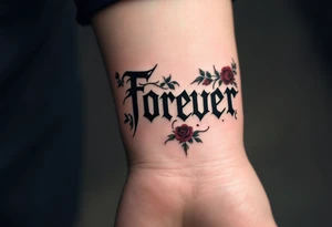 The word "forever" in black gothic font, bordered by dark crimson roses and ivy. tattoo idea
