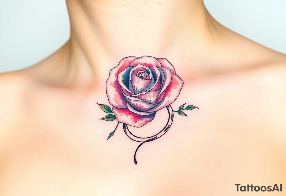 A minimalist blooming rose wrapped around a two wedding rings tattoo idea