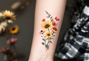 Small bunch of wild flowers including stargazer lilly, mini sunflowers, poppies and peonies with stems. Use the watercolour style inspired by Monet’s style with no outline on the florals. tattoo idea