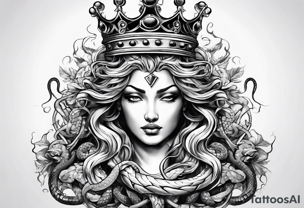 crown and medusa snakes merged tattoo idea
