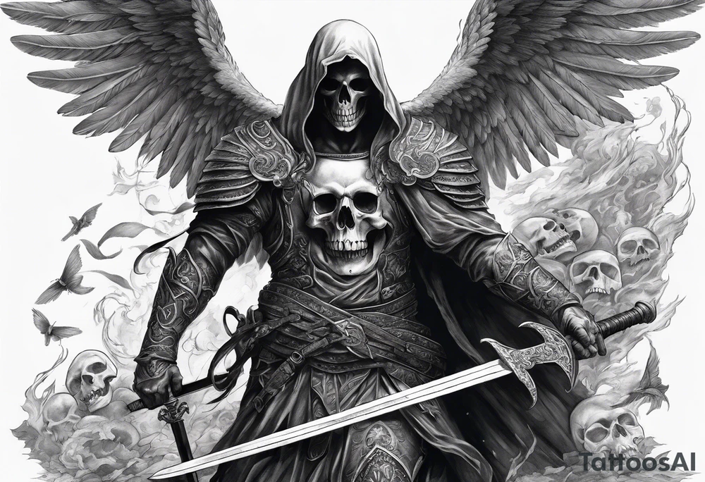 realistic angel of death, man, full body, no face visible, holding one sword, sword pointing downwards, skulls lying on the ground tattoo idea