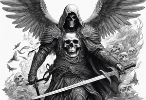 realistic angel of death, man, full body, no face visible, holding one sword, sword pointing downwards, skulls lying on the ground tattoo idea