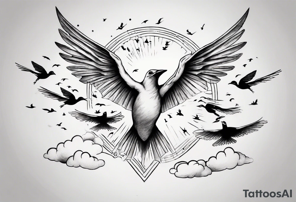 a shoulder tattoo with rays of light, clouds and birds flying free tattoo idea