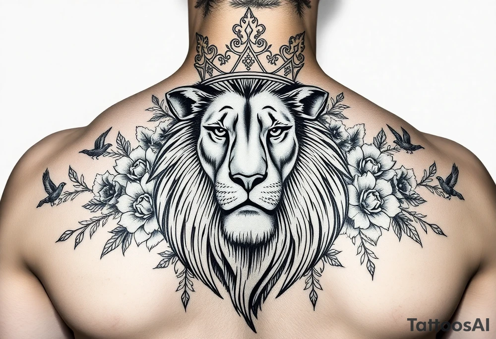 powerful majestic lion with a crown, surrounded by floral ornaments and birds tattoo idea