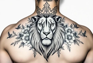 powerful majestic lion with a crown, surrounded by floral ornaments and birds tattoo idea