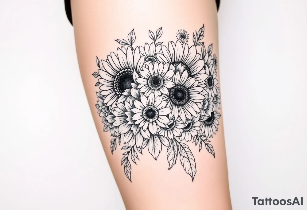 Bouquet of sunflowers, water Lillies, dahlias, marigolds, carnations, hydrangeas, daisys, and chrysanthemums tattoo idea