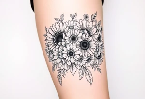Bouquet of sunflowers, water Lillies, dahlias, marigolds, carnations, hydrangeas, daisys, and chrysanthemums tattoo idea