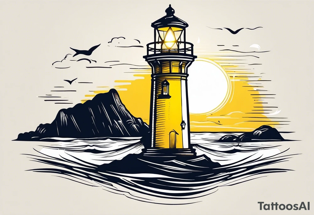 Farol no oceano em mar agitado bem delicado com a luz em amarelo tattoo idea