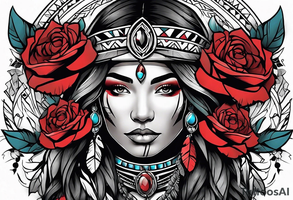 Native American woman wrapped in roses with a wolf tattoo idea