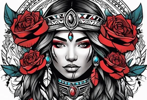 Native American woman wrapped in roses with a wolf tattoo idea