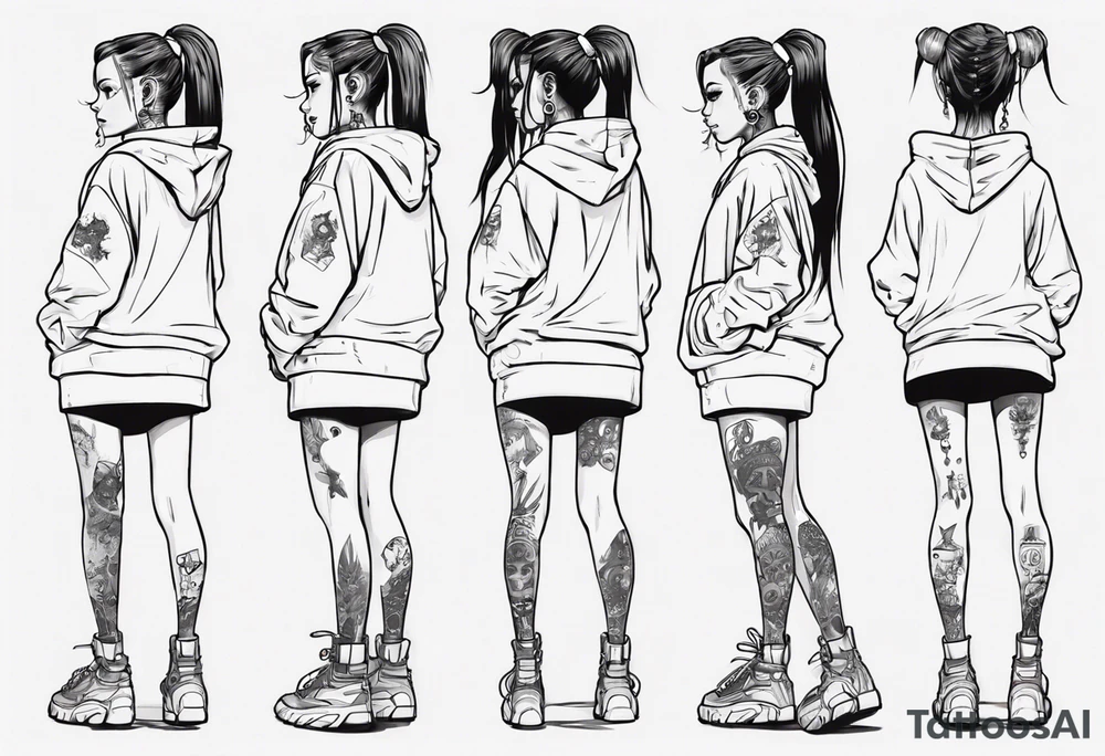 Cute cyberpunk girl with ponytail wearing an oversized hoodie and a skirt tattoo idea