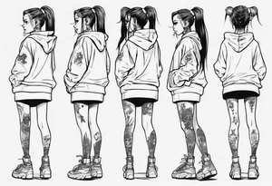 Cute cyberpunk girl with ponytail wearing an oversized hoodie and a skirt tattoo idea