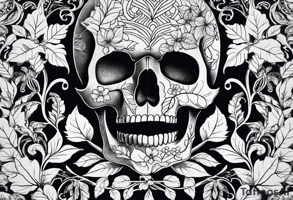 Skull and bones with leafs tattoo idea
