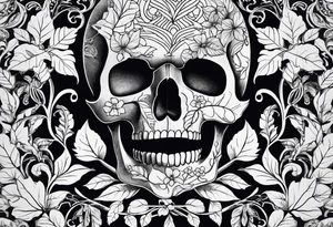 Skull and bones with leafs tattoo idea