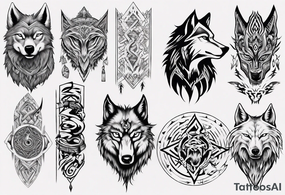 want a half sleeve on my left forearm featuring a howling wolf, surrounded by Māori patterns and Norse symbols tattoo idea