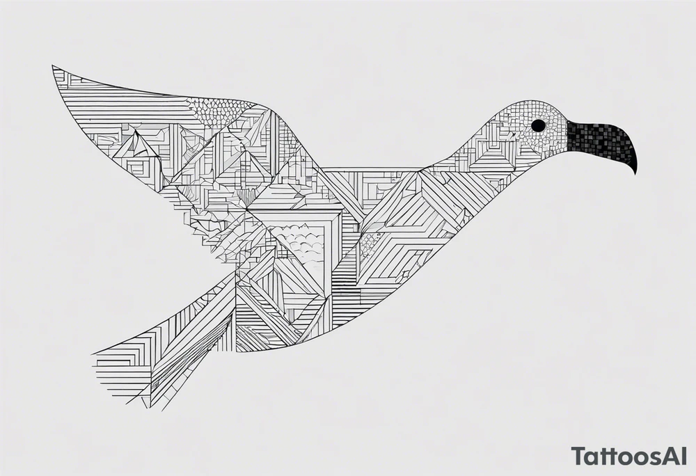 Black and white silhouette illustration of a sideview albatross flying, composed of geometric shapes such as circles, lines, and polygons. The albatross is designed with clean, sharp angles and flowing curves, representing its wings and body in a minimalist, geometric style. Surrounding the bird are intricate geometric patterns, including concentric circles, sharp lines, and angular polygons. Cybernetic or mechanical accents are incorporated into the design, resembling digital grids or circuits, seamlessly integrated into the albatross's silhouette. The overall style is fine line, using only black and gray ink to maintain a sleek, modern aesthetic. tattoo idea