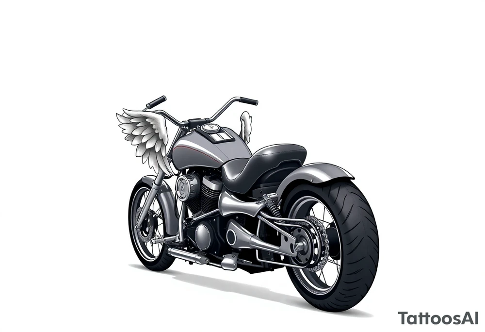 Low rider grey motorcycle, big muffler pipes with flames, angel wings, driving away, no person tattoo idea