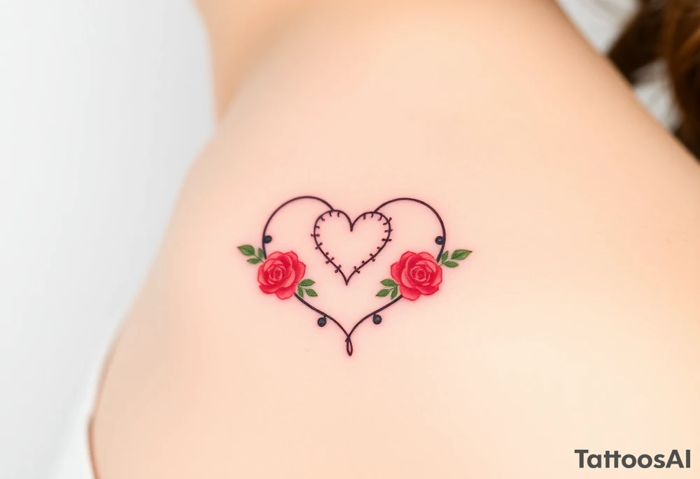 A infinity symbol made out of vine banches with delicate roses and a heart at its center, in soft red and green hues tattoo idea
