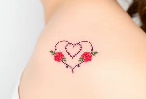 A infinity symbol made out of vine banches with delicate roses and a heart at its center, in soft red and green hues tattoo idea