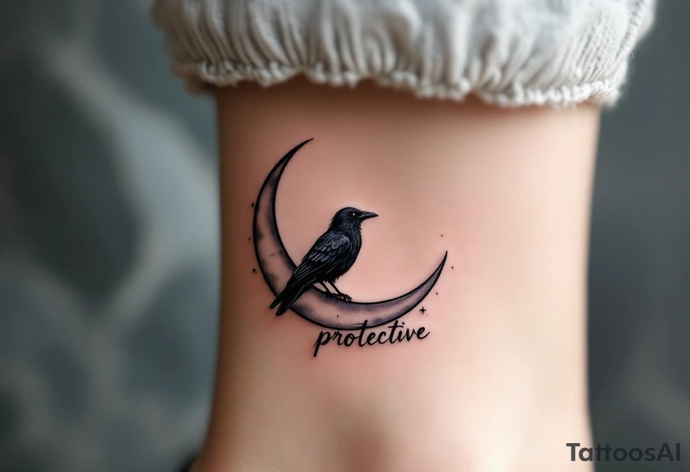A silver crescent moon holding a small black raven, perched above protective script. tattoo idea