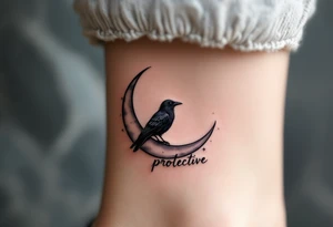 A silver crescent moon holding a small black raven, perched above protective script. tattoo idea