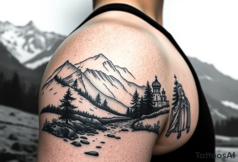 Mountainous valley with creek and a few trees with a Russian orthodox kazan scene covering my shoulder entering my upper arm with a Russian orthodox Virgin Mary tattoo idea