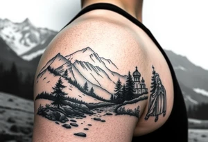Mountainous valley with creek and a few trees with a Russian orthodox kazan scene covering my shoulder entering my upper arm with a Russian orthodox Virgin Mary tattoo idea