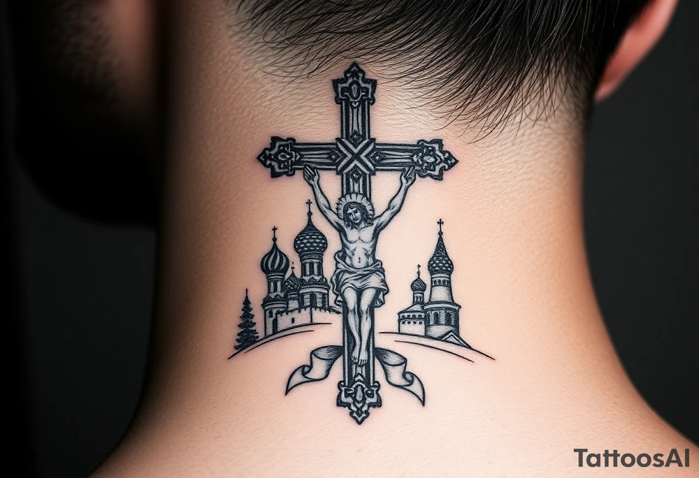 Traditional orthodox ICXC Christian cross with an orthodox Jesus Christ on the cross in a wilderness Russian Kremlin setting tattoo idea