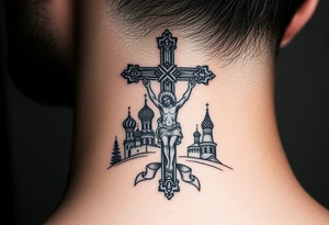 Traditional orthodox ICXC Christian cross with an orthodox Jesus Christ on the cross in a wilderness Russian Kremlin setting tattoo idea