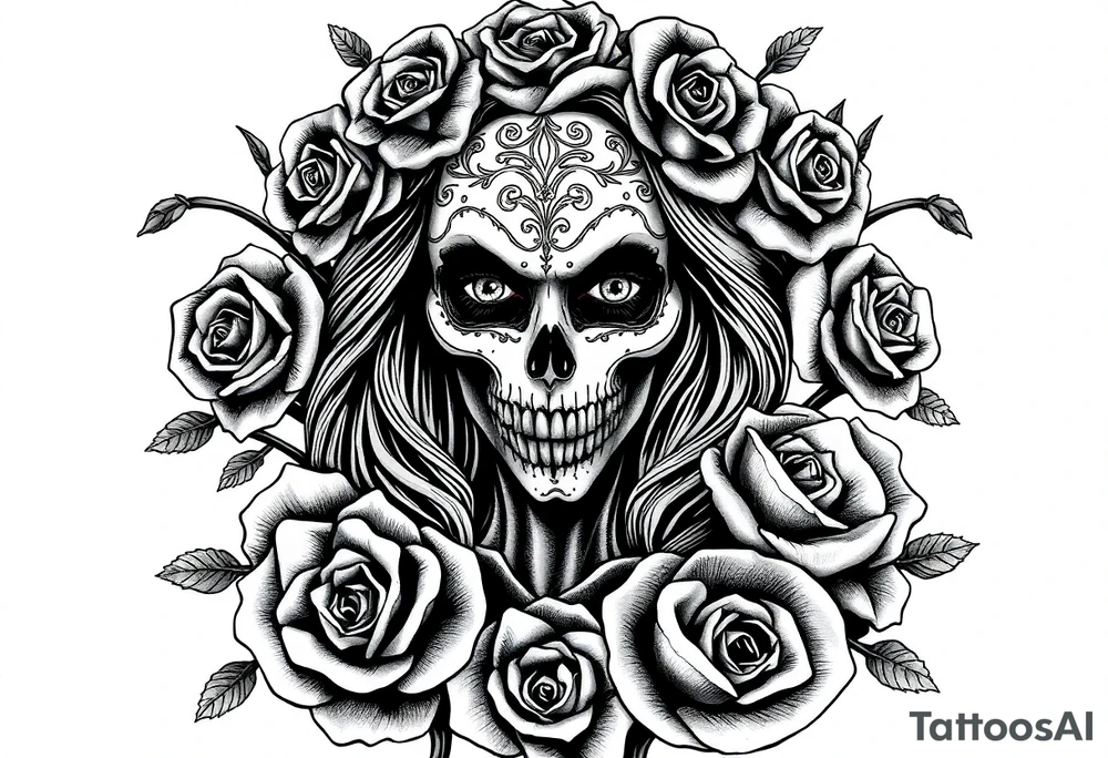 Powerful and evil day of the dead woman,  surrounded by unclaimed souls and roses tattoo idea