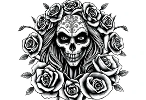 Powerful and evil day of the dead woman,  surrounded by unclaimed souls and roses tattoo idea