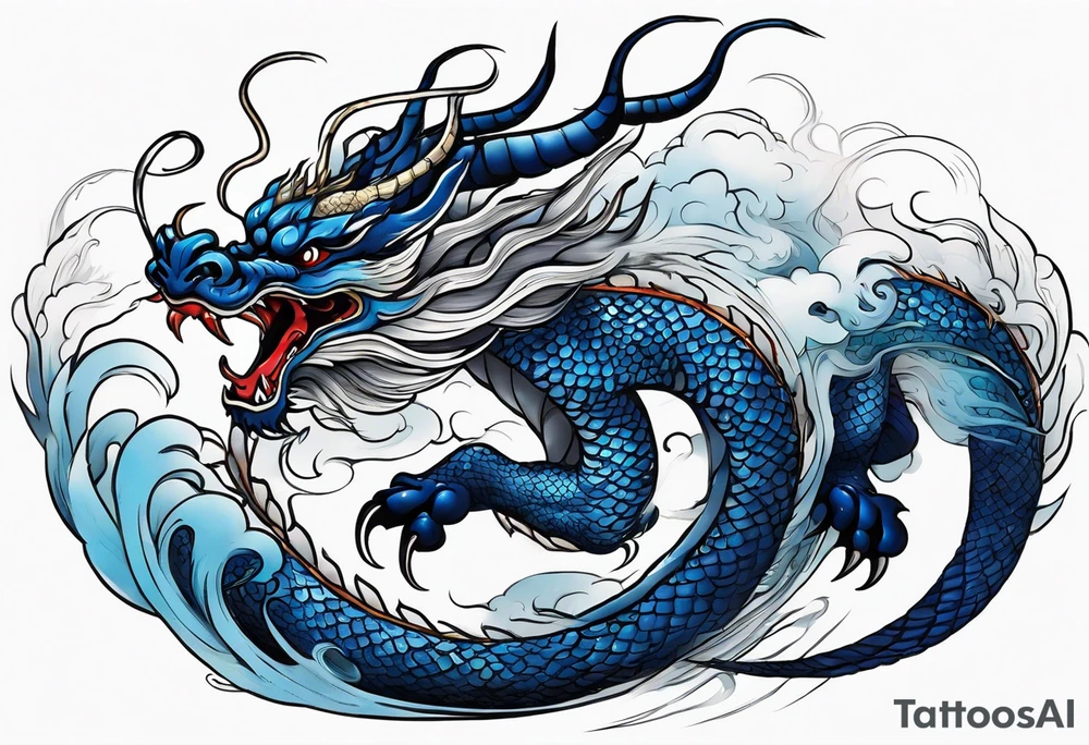 An epic floating asian dragon. Its long body coiling dynamically, with scales and horns detailed to create a sense of movement and strength. The dragon's main color is midnight blue, giving a vibrant depth and a mystical aura. This tattoo highlights the dragon’s fierce expression and sharp claws. tattoo idea